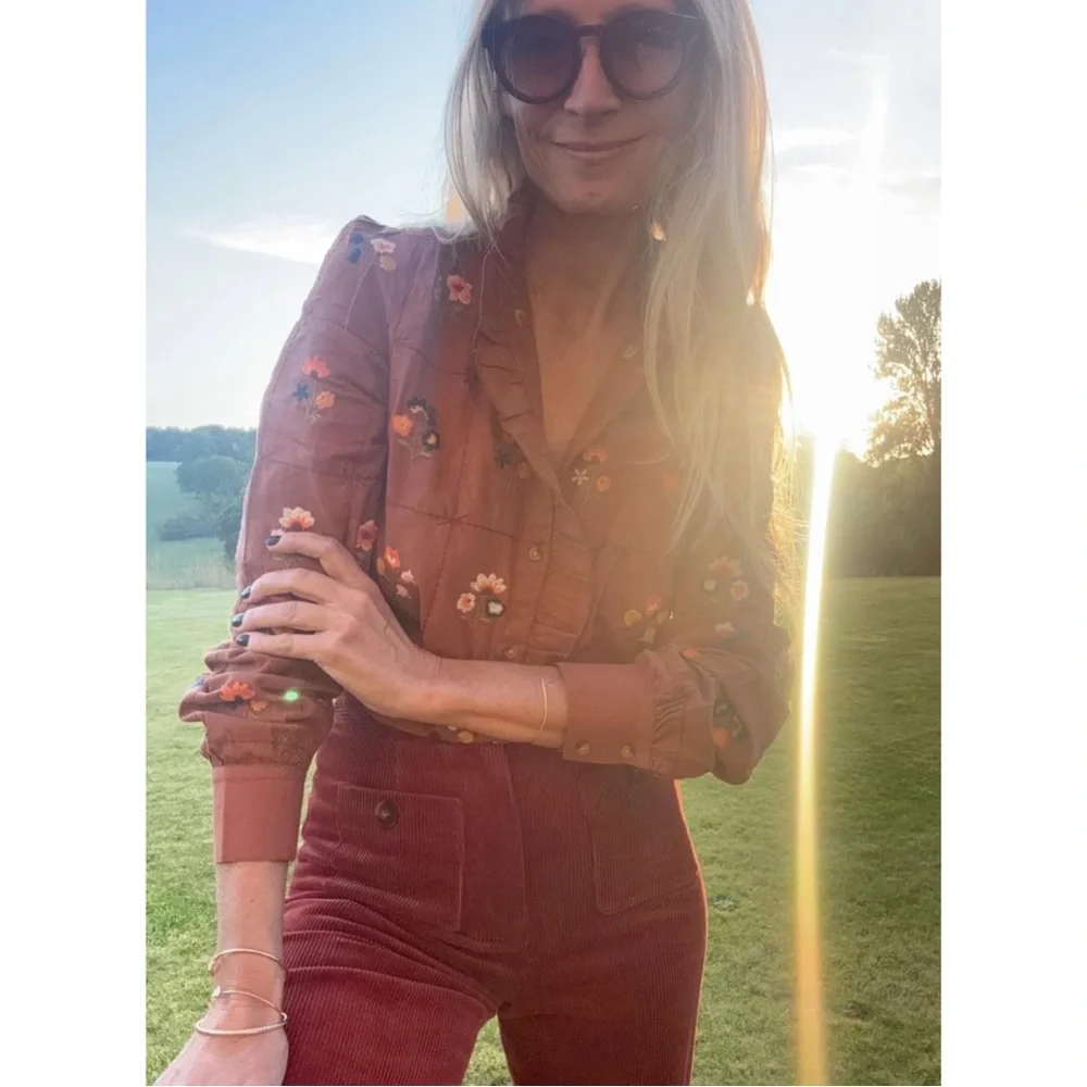 SEZANE Rust Orange Blue Floral Embroidered Ruffle Button Down Shirt Chlo Blouse - Picture 12 of 17